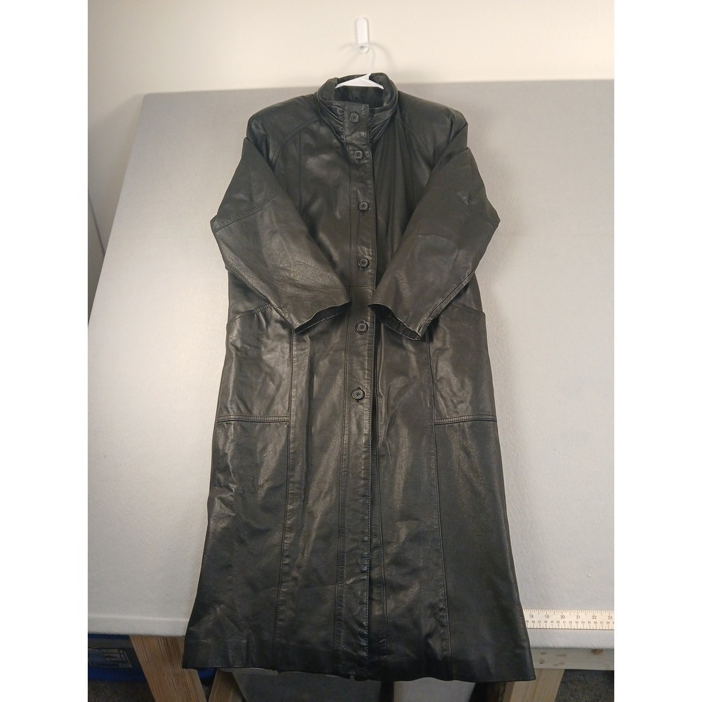 Vintage Pelle Black Leather Trench Coat Duster M Steampunk Gothic 90s 80s